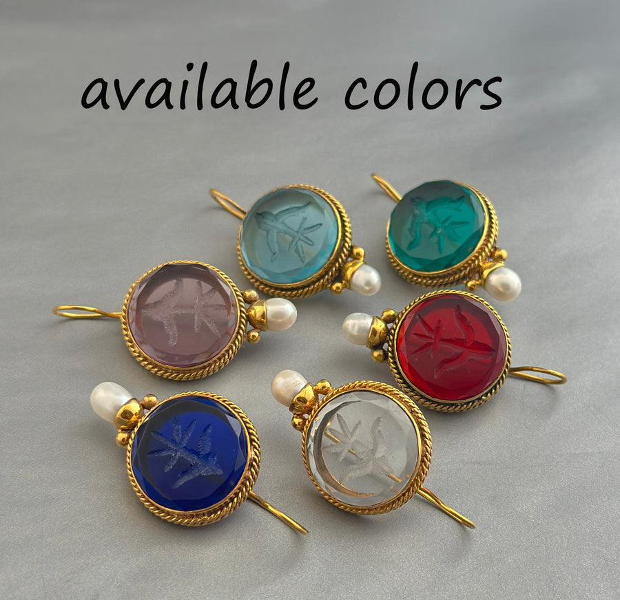 Blue Glass Intaglio Earrings, Vintage Style, Brass with Pearl, photo 5