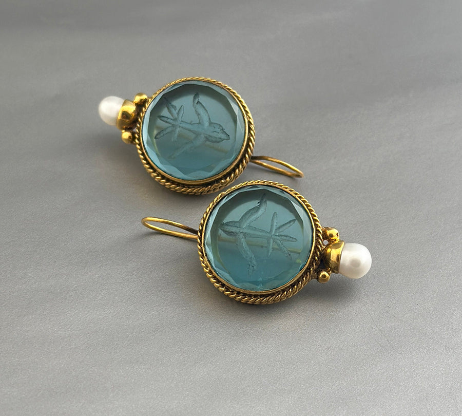 Blue Glass Intaglio Earrings, Vintage Style, Gold Vermeil, photo 10