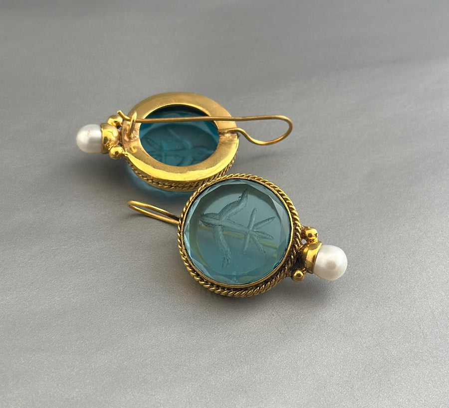Blue Glass Intaglio Earrings, Vintage Style, Gold Vermeil, photo 7