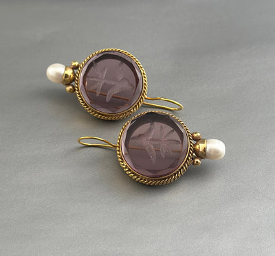 Purple Glass Intaglio Earrings, Victorian Amethyst Drops, Gold Vermeil, photo 5