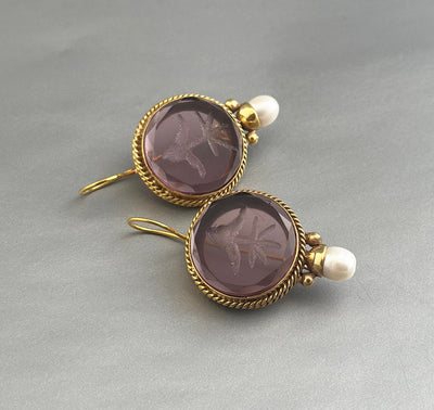 Purple Glass Intaglio Earrings, Victorian Amethyst Drops, Gold Vermeil, photo 2