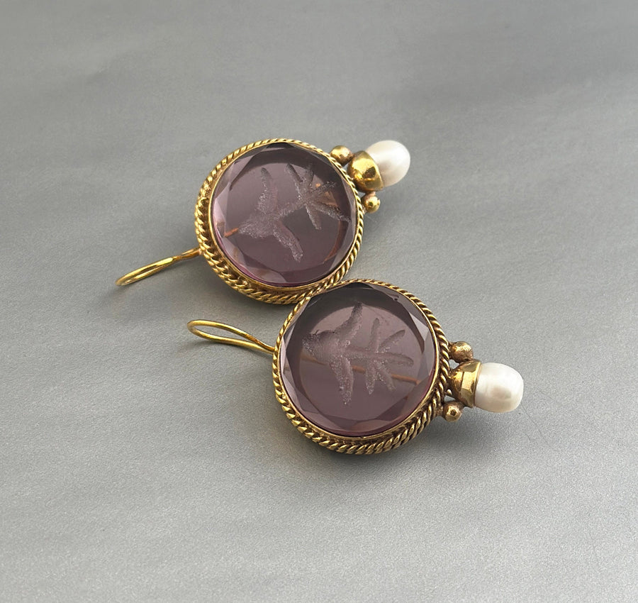Purple Glass Intaglio Earrings, Victorian Amethyst Drops, Gold Vermeil, photo 2