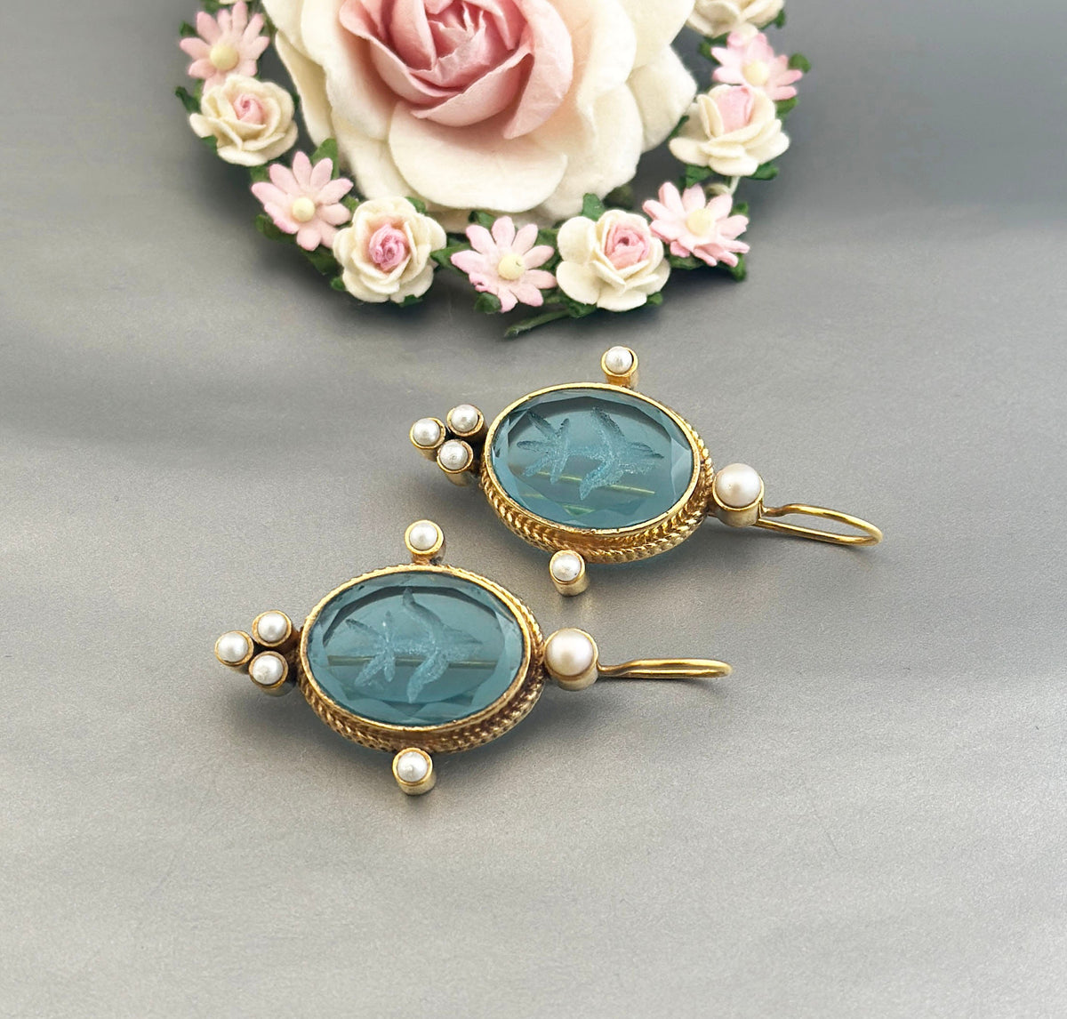 Blue Glass Intaglio Earrings, Victorian Style, 18K Gold Brass with Pearls, photo 6