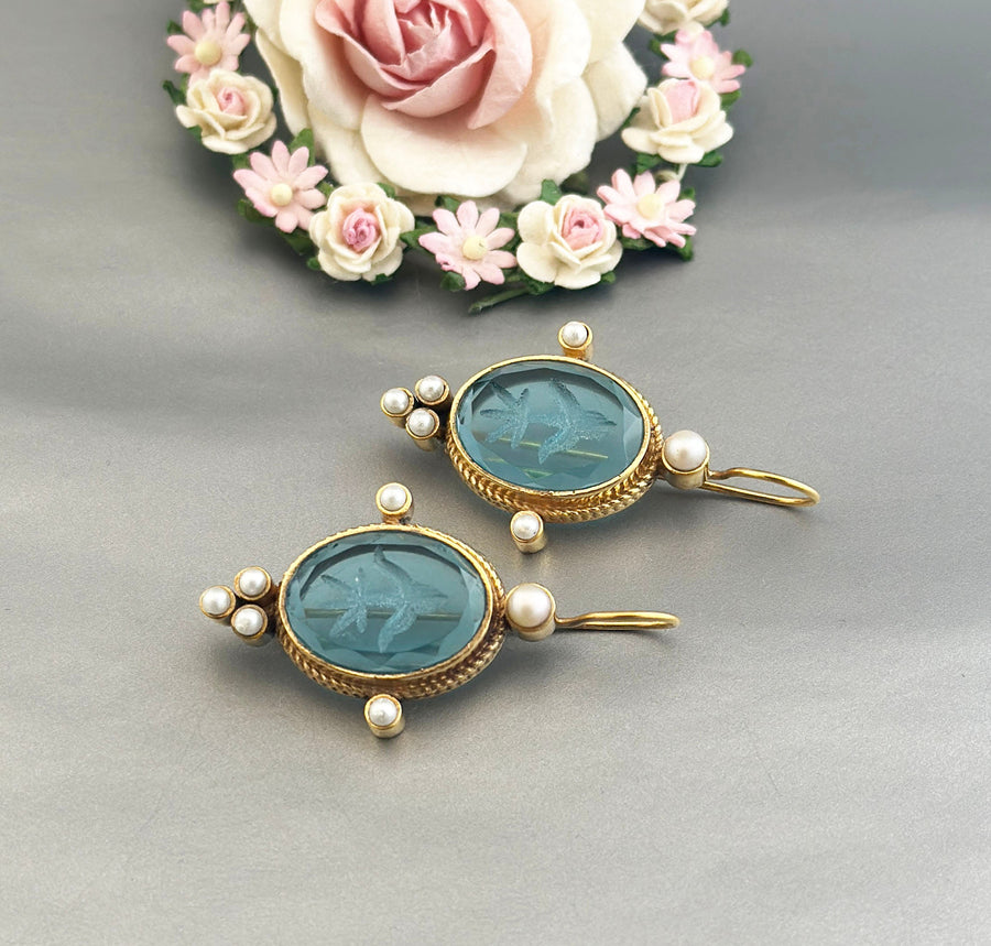 Blue Glass Intaglio Earrings, Victorian Style, 18K Gold Brass with Pearls, photo 6