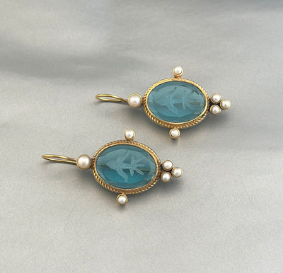 Blue Glass Intaglio Earrings, Victorian Style, 18K Gold Brass with Pearls, photo 7