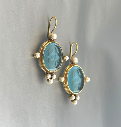 Blue Glass Intaglio Earrings, Victorian Style, 18K Gold Brass with Pearls, photo 5