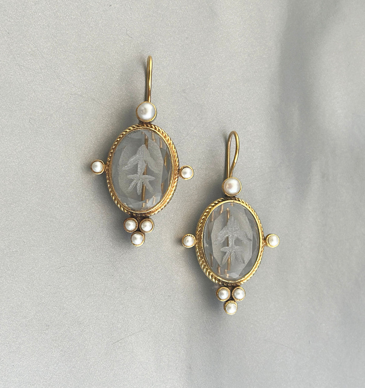 Clear Crystal Intaglio Earrings, Ancient Roman Style, 14K Gold, photo 7