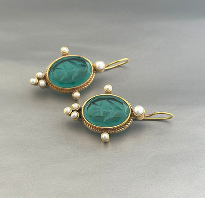 Green Glass Intaglio Earrings, Victorian Style Drops, Gold Vermeil, photo 10