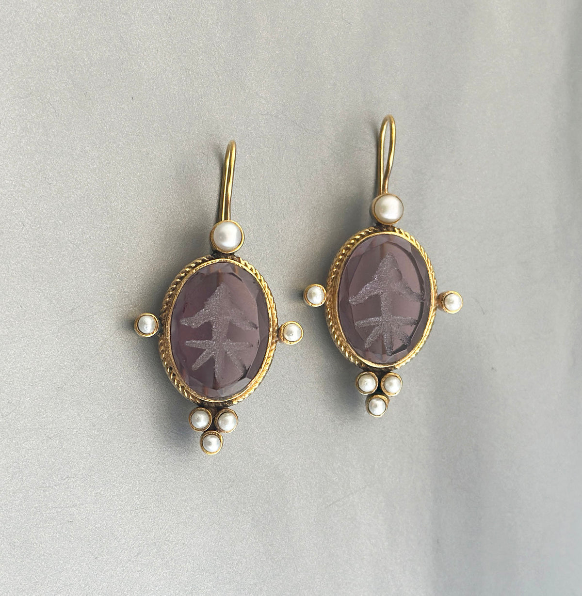 Amethyst Intaglio Earrings, Victorian Bridal Pearl Drops, photo 8