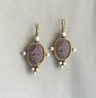 Amethyst Intaglio Earrings, Victorian Bridal Pearl Drops, photo 8