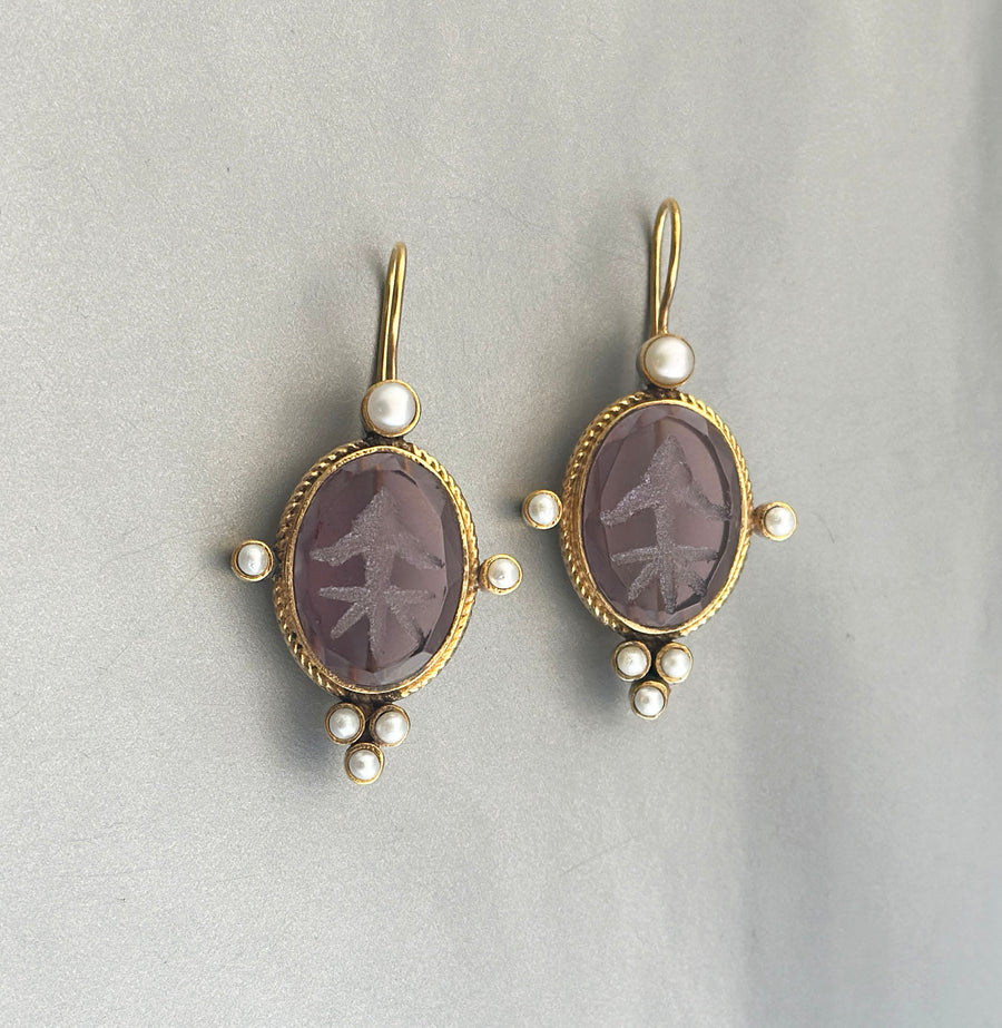 Amethyst Intaglio Earrings, Victorian Bridal Pearl Drops, photo 8