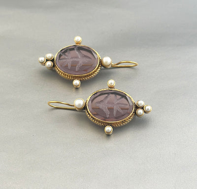 Amethyst Intaglio Earrings, Victorian Bridal Pearl Drops, photo 2