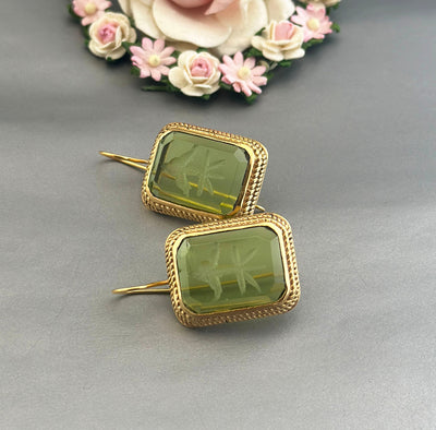 Green Glass Intaglio Earrings, Edwardian Art Deco Style, 18K Gold