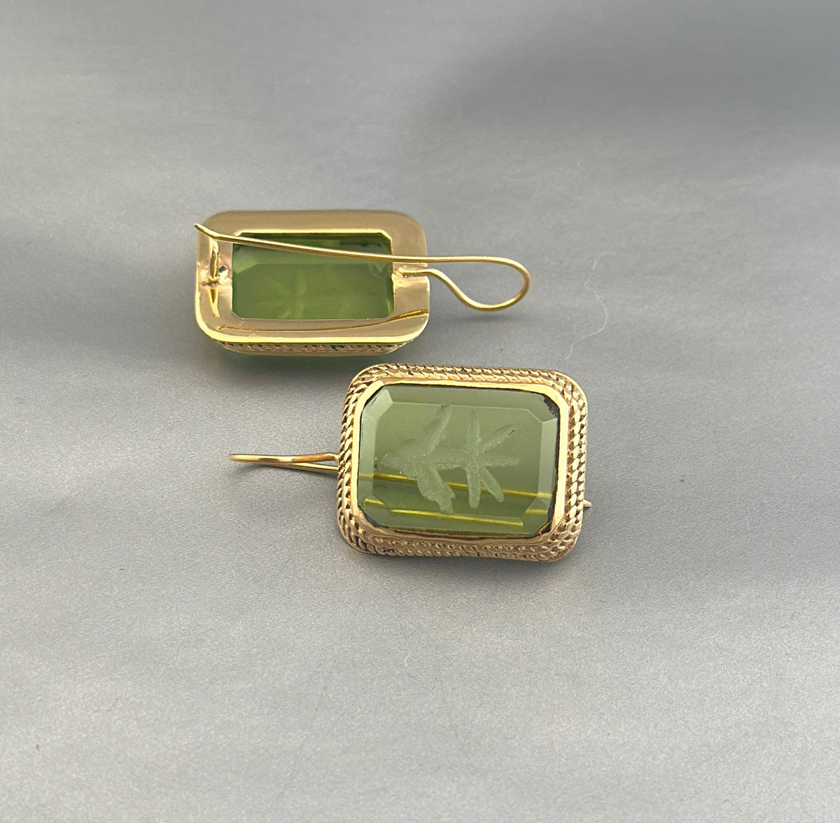 Green Glass Intaglio Earrings, Edwardian Art Deco Style, 18K Gold, photo 9