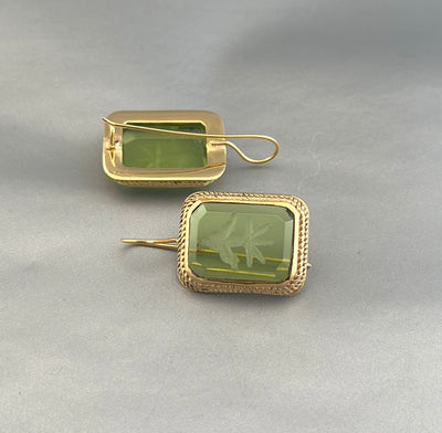 Green Glass Intaglio Earrings, Edwardian Art Deco Style, 18K Gold, photo 9