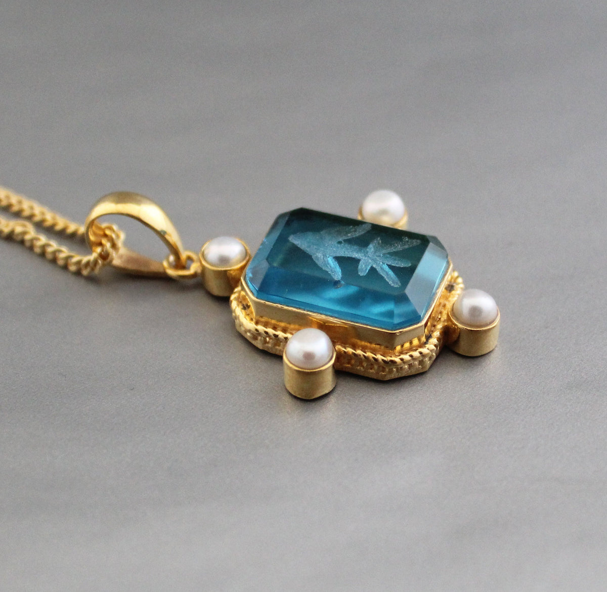 Blue Intaglio Necklace, Art Deco Cameo Pendant, photo 6