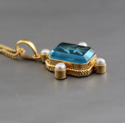 Blue Intaglio Necklace, Art Deco Cameo Pendant, photo 7