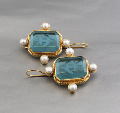 Blue Rectangular Intaglio Earrings, Victorian Bridal Style, Gold Plated