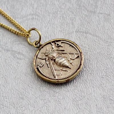 Silver Honeybee Coin Pendant Necklace, Ancient Greek Style, 925 Sterling