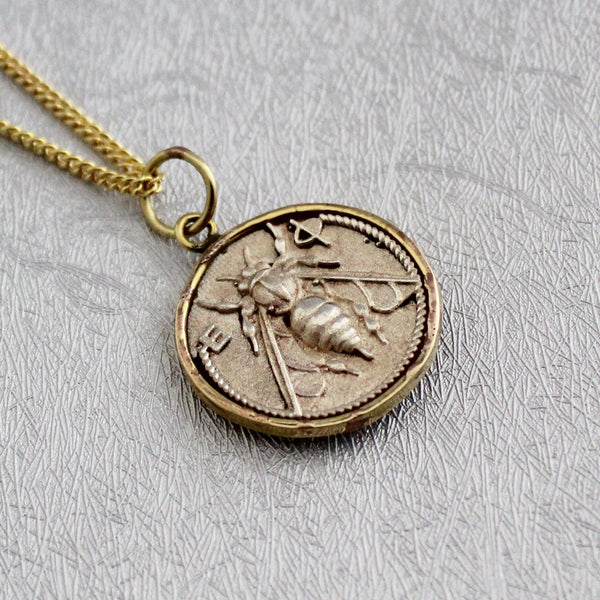 Silver Honeybee Coin Pendant Necklace, Ancient Greek Style, 925 Sterling