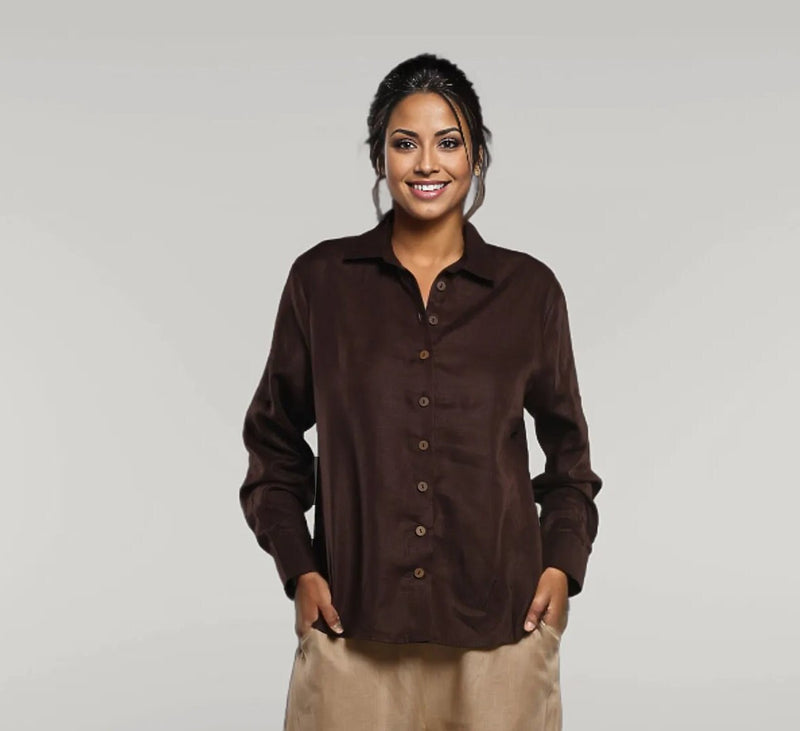 Brown Linen Button Down Shirt: Long Sleeve Relaxed Fit