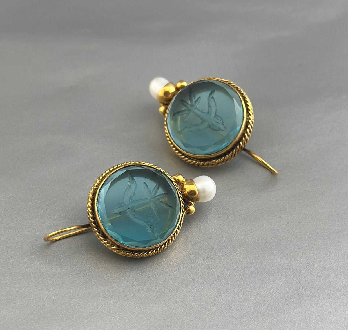 Blue Glass Intaglio Earrings, Victorian Bridal Pearl Drops, photo 5