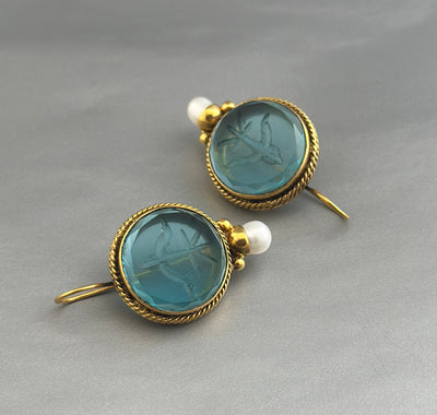 Blue Glass Intaglio Earrings, Victorian Bridal Pearl Drops, photo 5