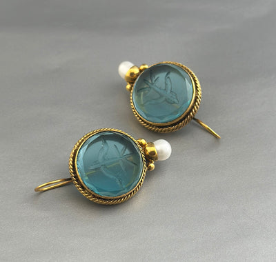 Blue Glass Intaglio Earrings, Vintage Style, Gold Vermeil, photo 6