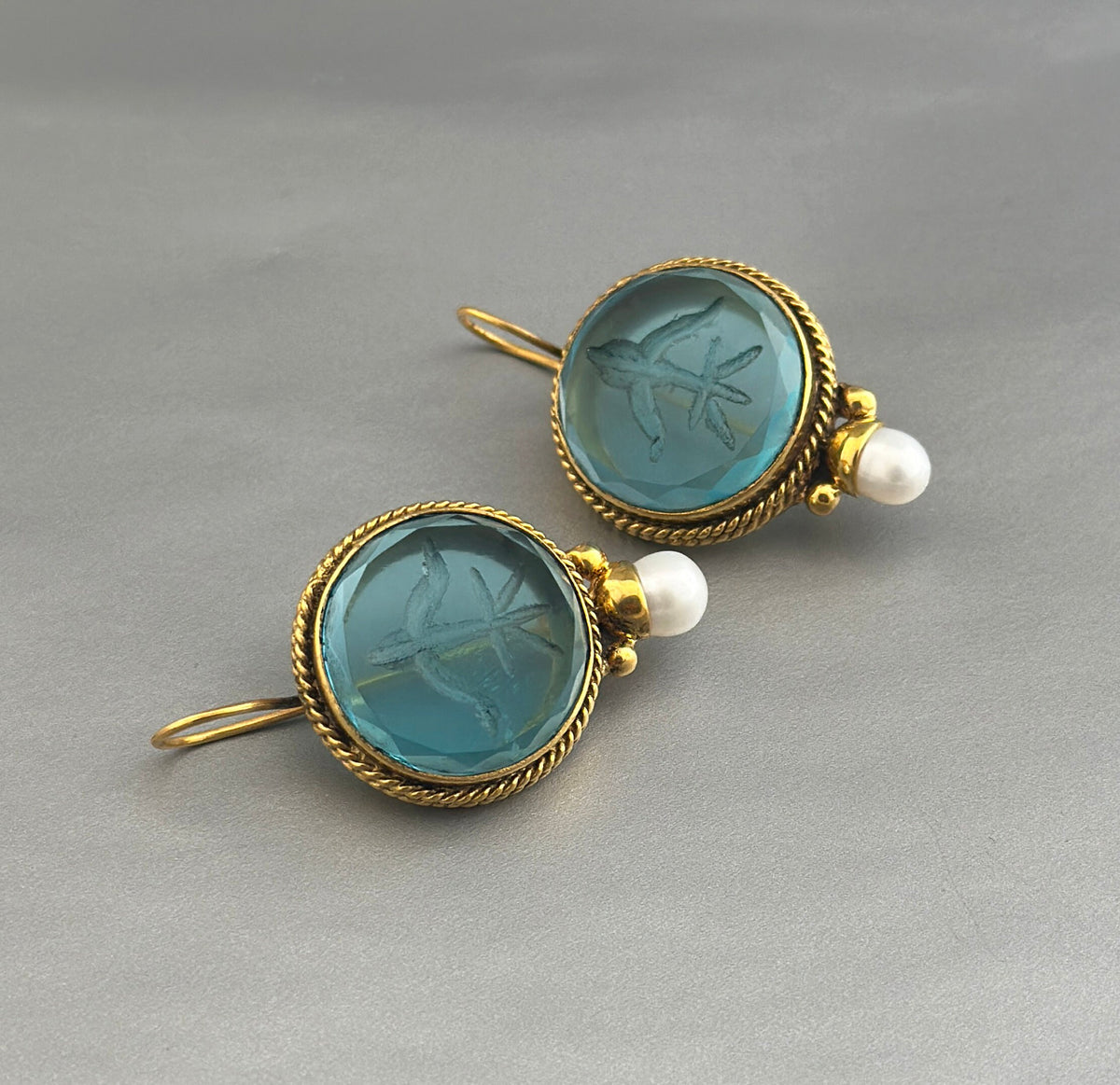 Blue Glass Intaglio Earrings, Vintage Style, Gold Vermeil, photo 5
