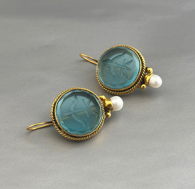 Blue Glass Intaglio Earrings, Vintage Style, Gold Vermeil, photo 5