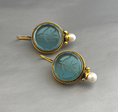 Blue Glass Intaglio Earrings, Vintage Style, Gold Vermeil, photo 2