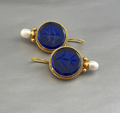 Sapphire Blue Intaglio Earrings, Victorian Drops, Antique Brass, photo 4