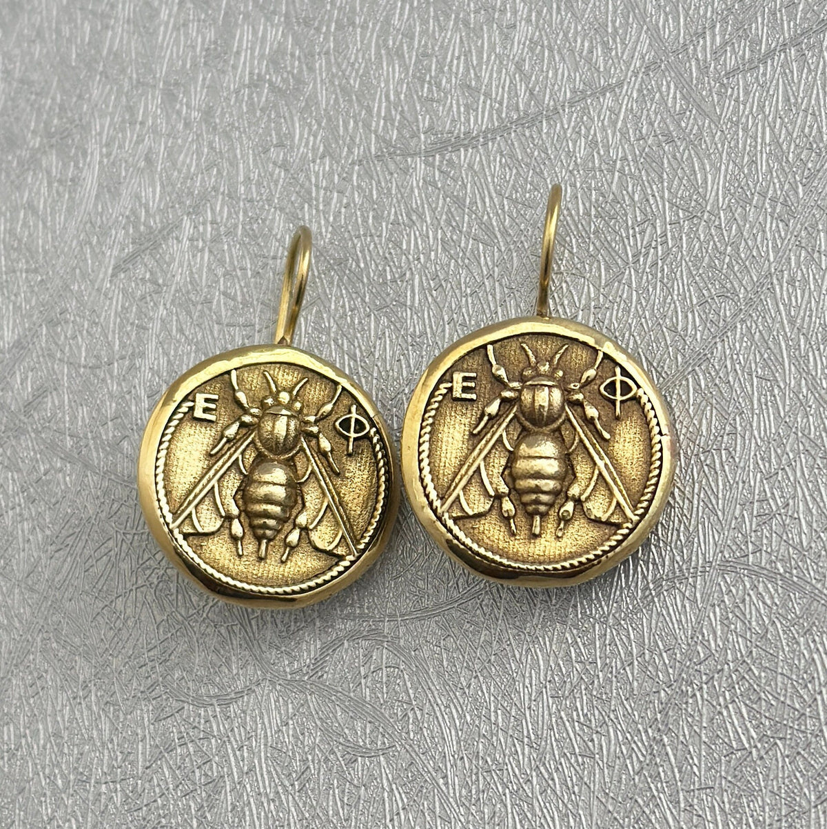 Honeybee Coin Earrings, Ancient Roman Style, Dainty Gold Dangles, photo 5
