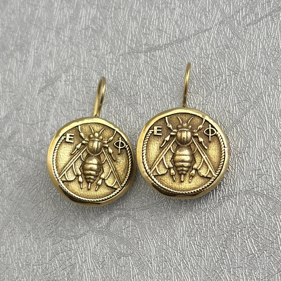 Honeybee Coin Earrings, Ancient Roman Style, Dainty Gold Dangles, photo 5