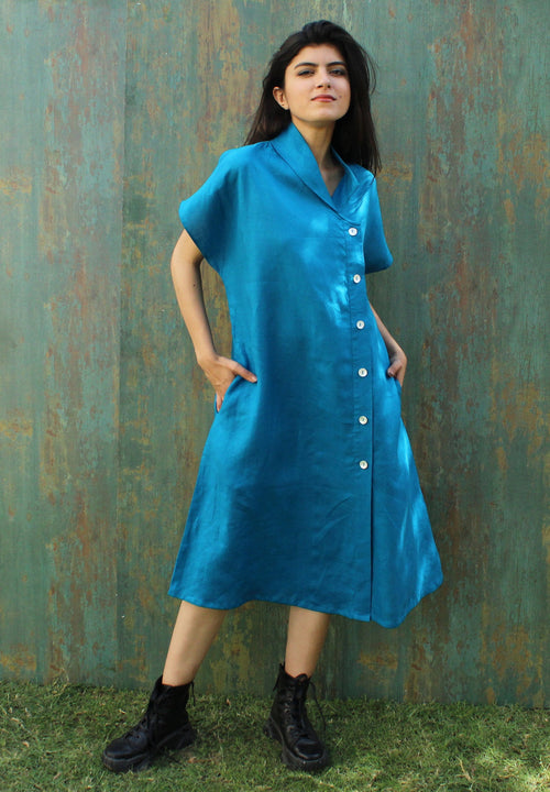 Blue Linen Shirt Dress with Pockets, Drop Sleeve Linen Dress, Collared Dress, Party Dress, Side Button Down Minimalist Summer Clothing