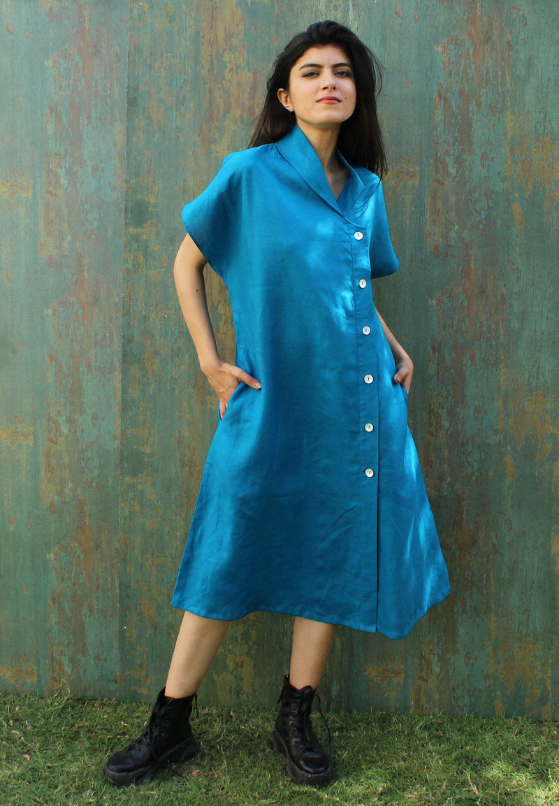 Blue Linen Shirt Dress with Pockets