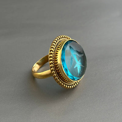 Blue Glass Intaglio Cocktail Ring, Victorian Signet, Gold Vermeil