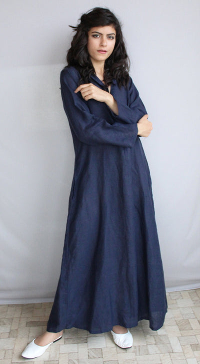 Women’s Linen Maxi Dress with Hood, Boho Long Sleeve Full Length Dress, Long Maxi Dress, Blue Linen Dress, Linen Hoodie Dress