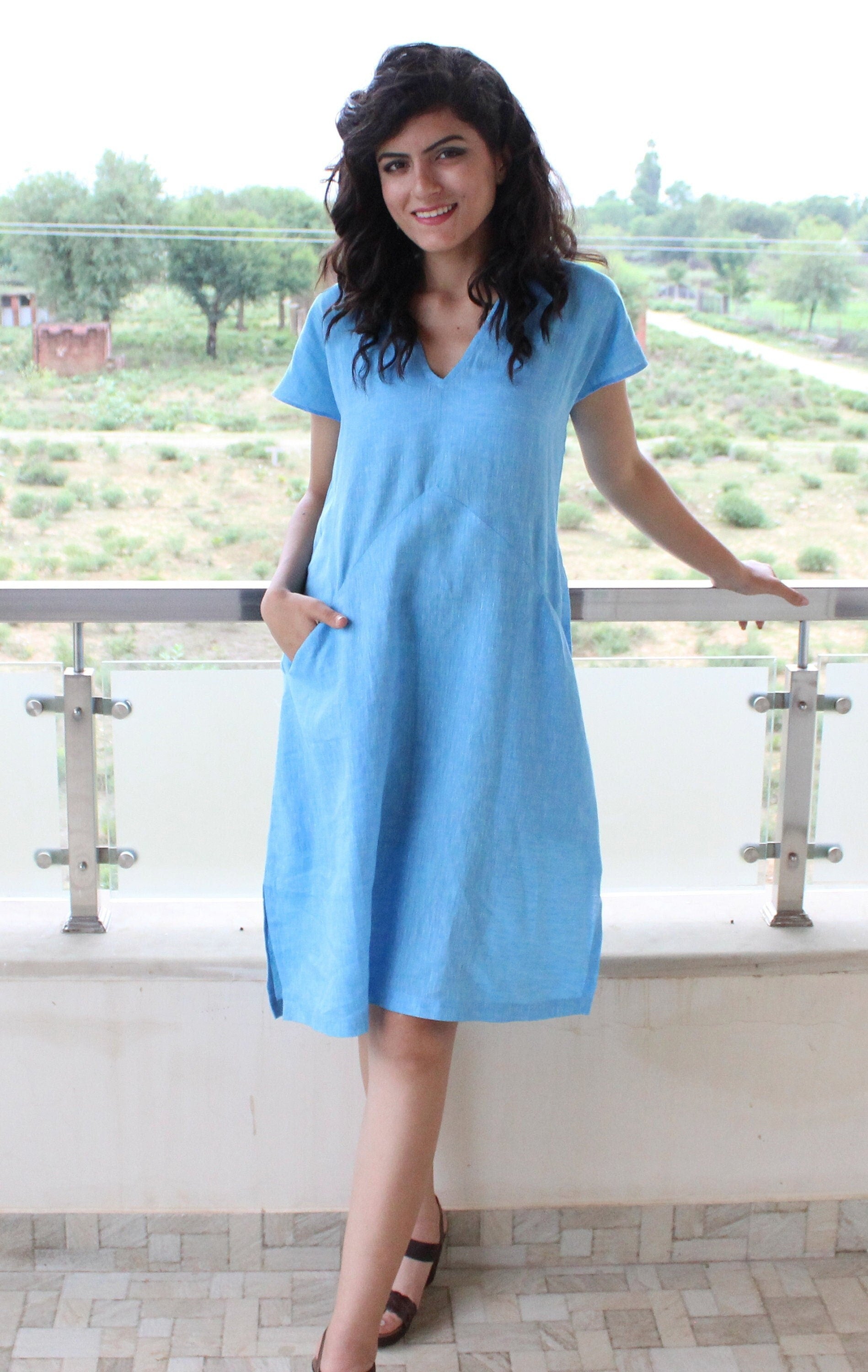 Blue Linen Midi Tunic Dress, Short Sleeve Flax Summer Dress, women linendress, linentunic, casual clothing, minimalist linen outfit