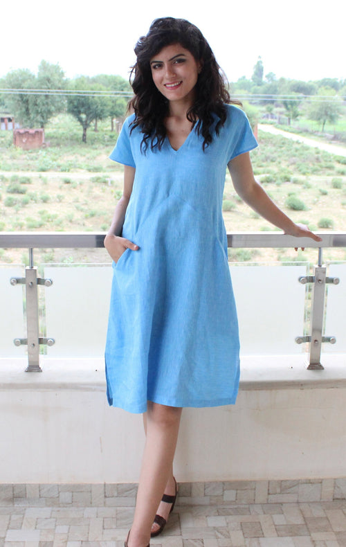 Blue Linen Midi Tunic Dress, Short Sleeve Flax Summer Dress, women linendress, linentunic, casual clothing, minimalist linen outfit