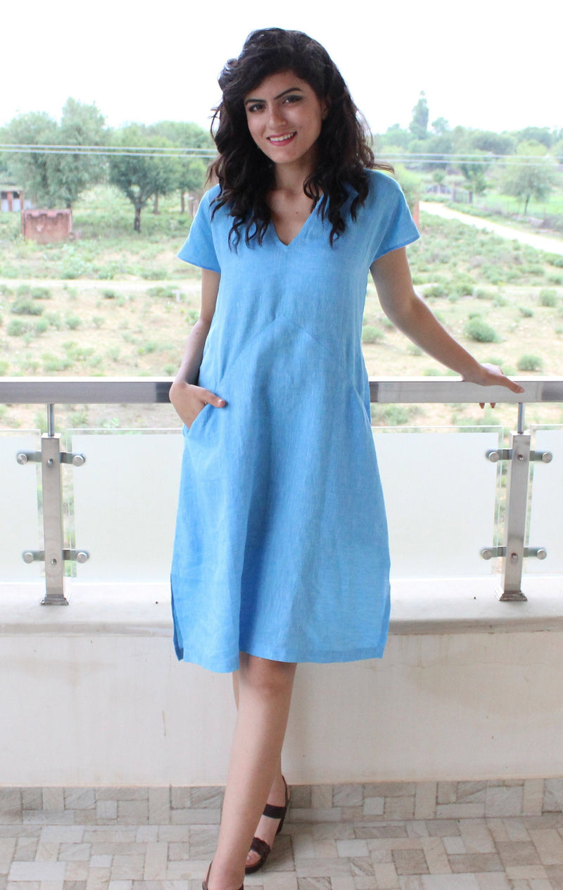 Blue Short Sleeve Linen Tunic Dress
