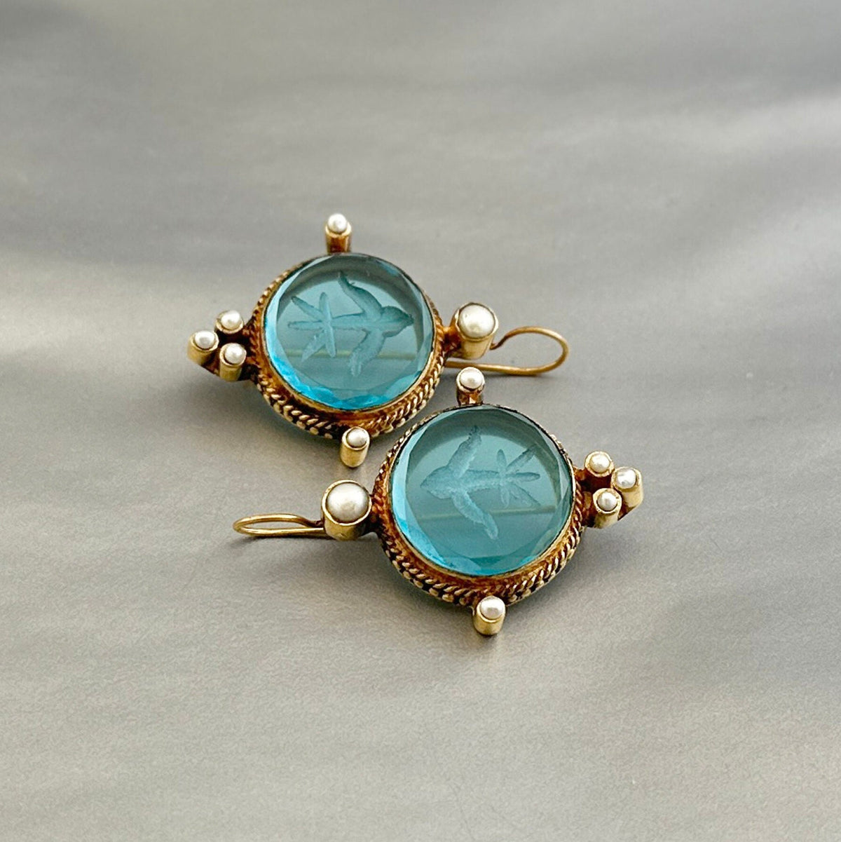 Blue Round Intaglio Earrings, Victorian Bridal Style, Gold Plated, photo 10
