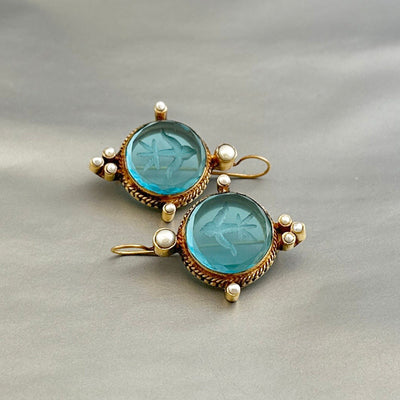 Blue Round Intaglio Earrings, Victorian Bridal Style, Gold Plated, photo 10
