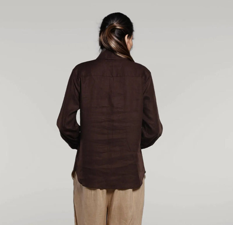 Brown Linen Button Down Shirt: Long Sleeve Relaxed Fit