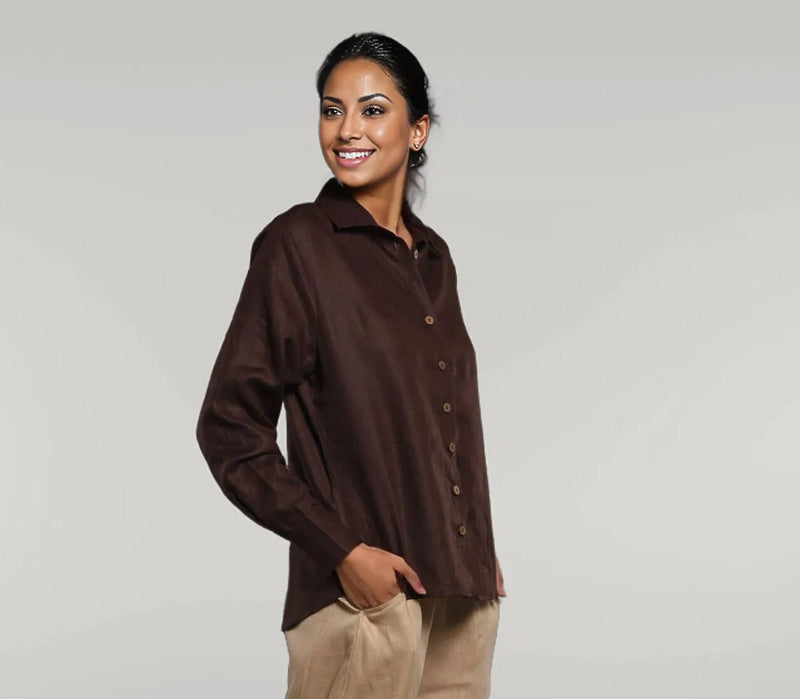 Brown Linen Button Down Shirt: Long Sleeve Relaxed Fit