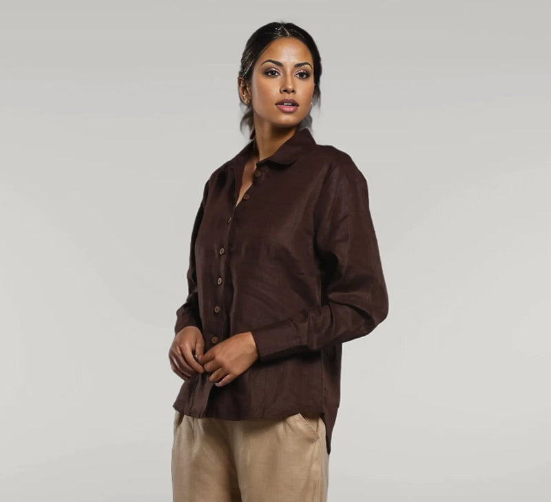 Brown Linen Button Down Shirt: Long Sleeve Relaxed Fit