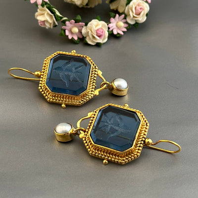 Blue Glass Intaglio Statement Earrings, Victorian Style