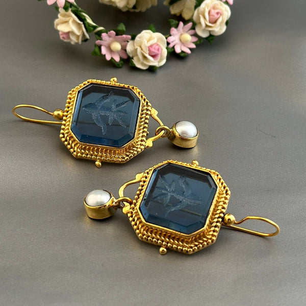 Blue Glass Intaglio Statement Earrings, Victorian Style