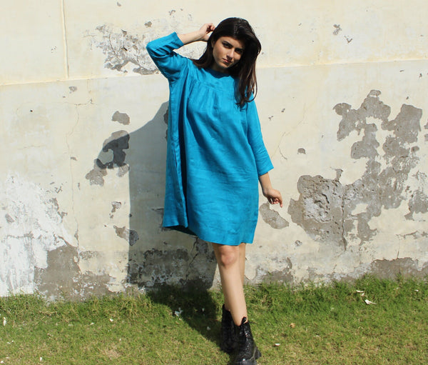 Turquoise Linen Tunic Dress, Long Sleeve