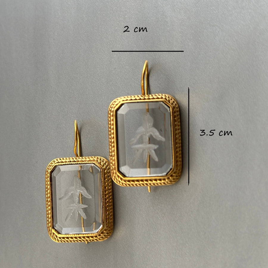 Intaglio Crystal Earrings, Victorian Art Deco Style, Gold, photo 3